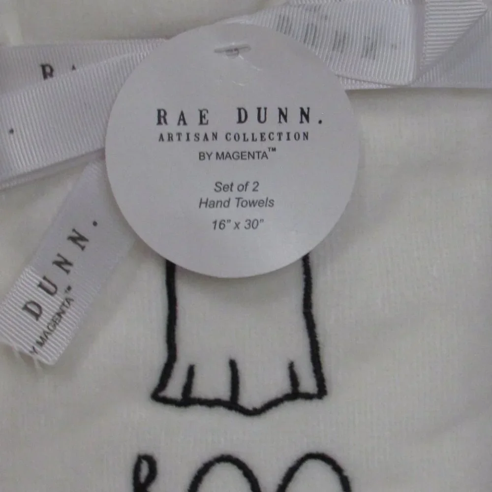 Rae Dunn Set of 2 White Halloween Hand Towels w/ Black Embroidery BOO/Ghosts NWT